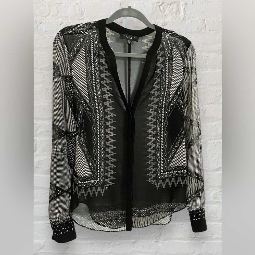 Sanctuary sheer button up top XS black white roll up button up sleeves